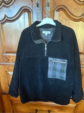 Adam Lippes Black Sherpa Zip Pullover with Blue Plaid Pocket